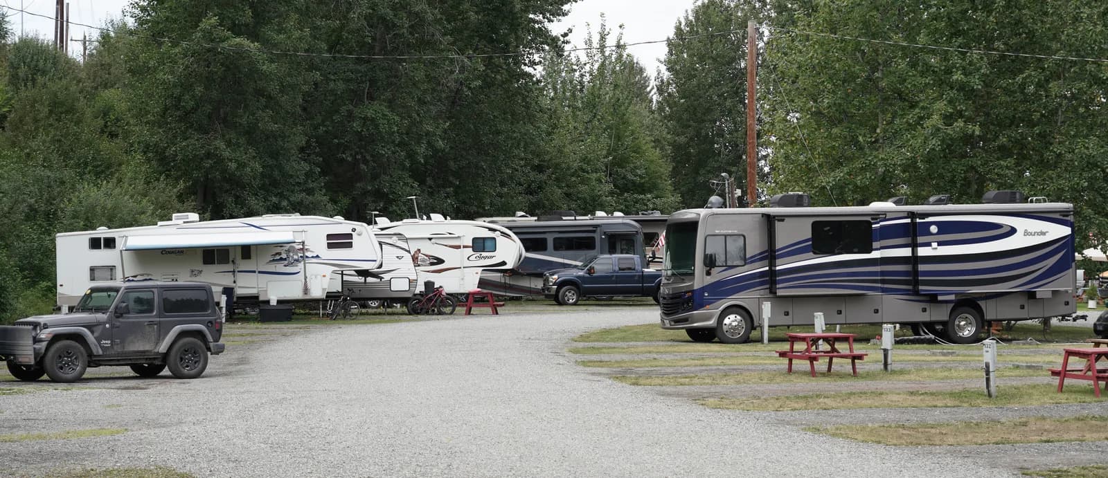 Motorhomes and travel trailers parked at an Alaska RV lot among trees