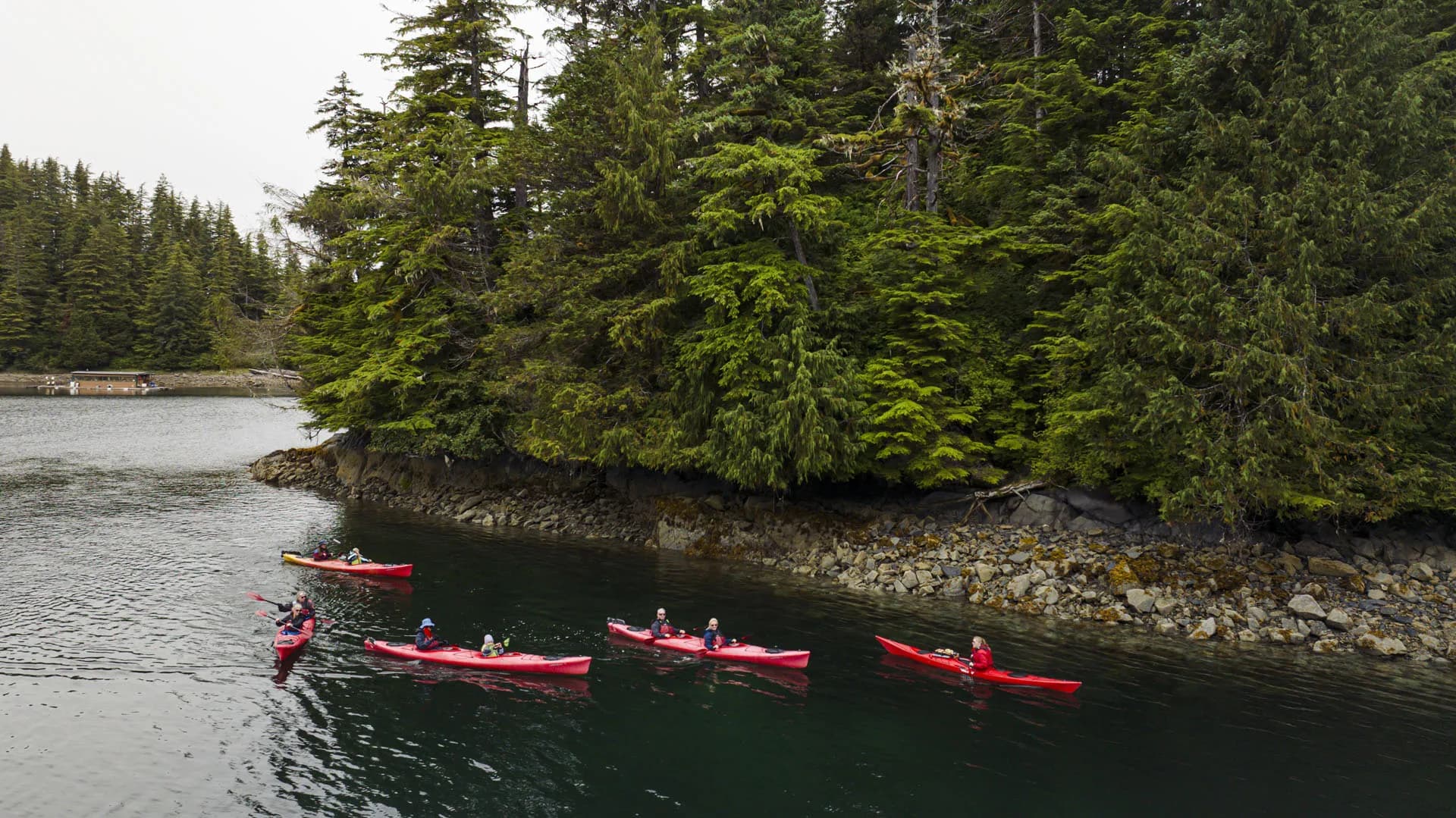 Sitka coastline and kayakers from above